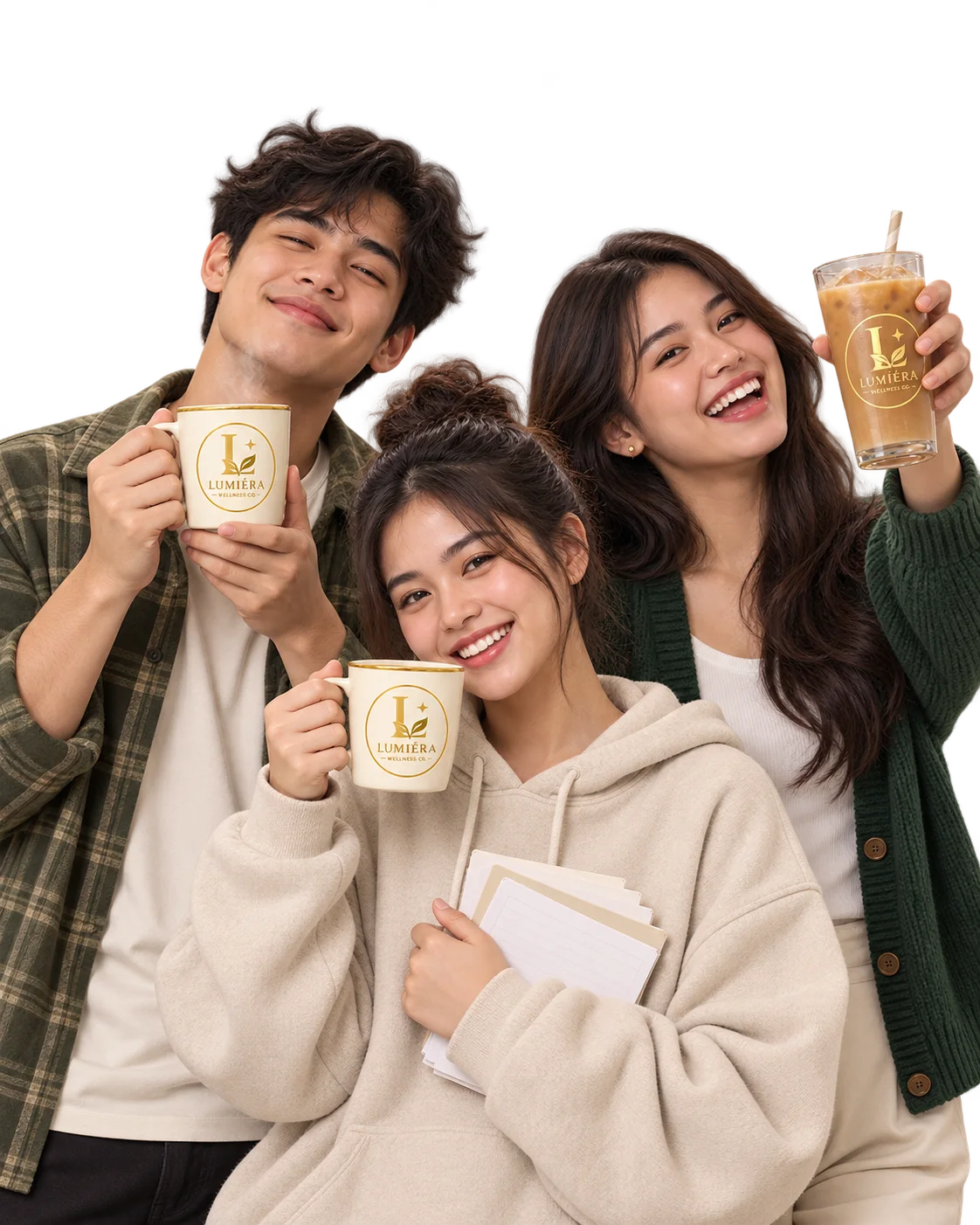 Three college students in exam week, each with a cup of Lumiéra latte