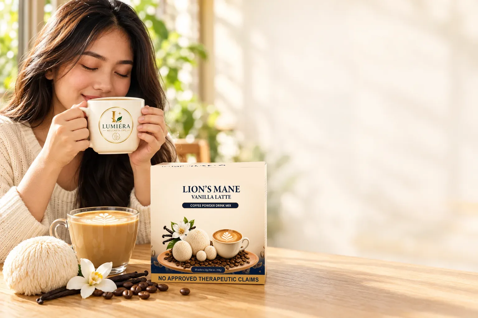 A young woman with her eyes closed takes the first sip from a Lumiéra mug, the box of Lion’s Mane Vanilla Latte and a latte on the table in front of her