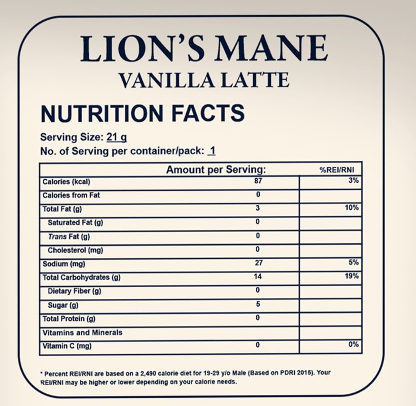 Nutrition facts per 21 g sachet: 87 kcal, fat 3 g, sodium 27 mg, carbohydrates 14 g, sugar 5 g