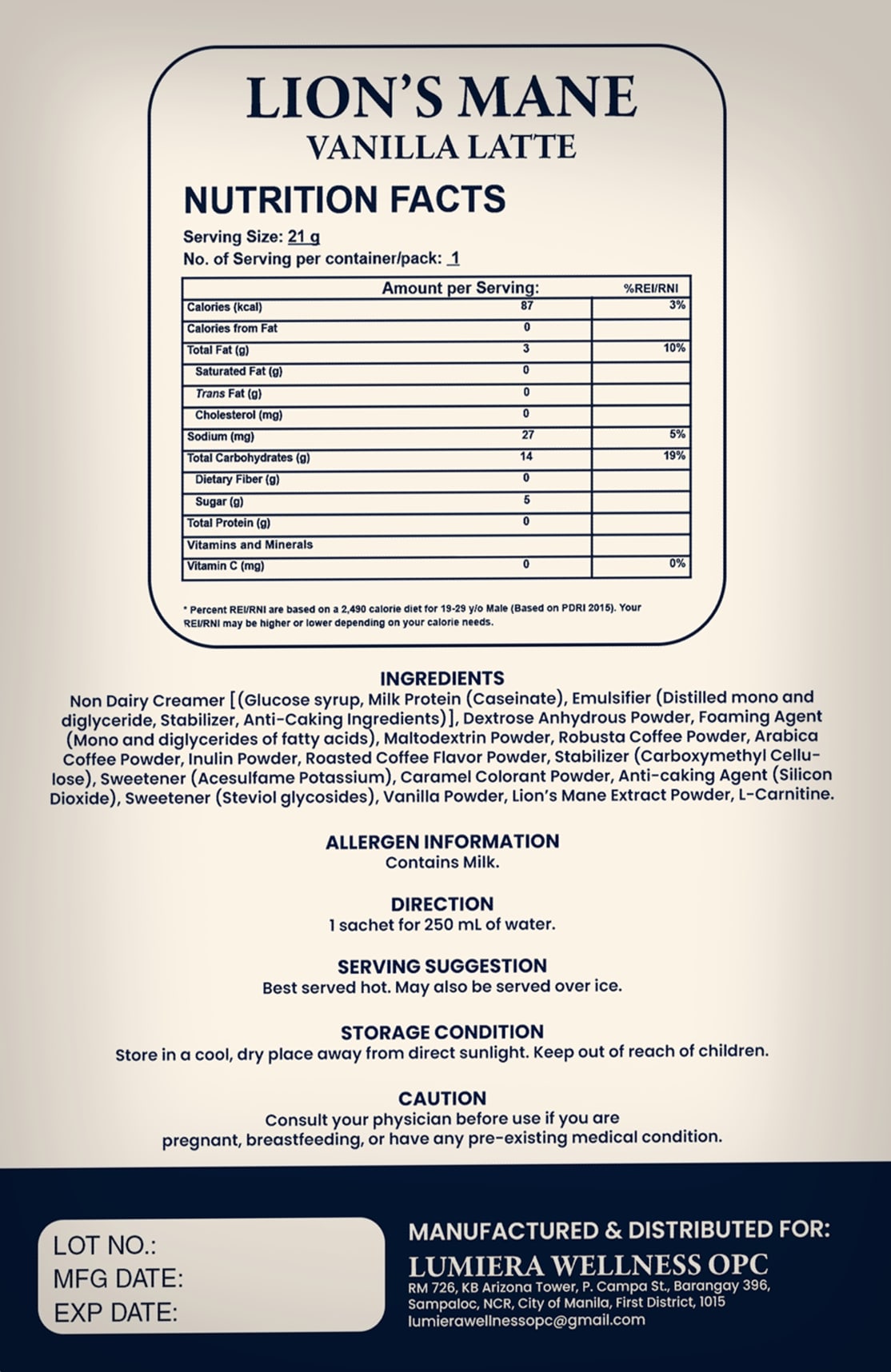 The back of the sachet with the nutrition facts and ingredients