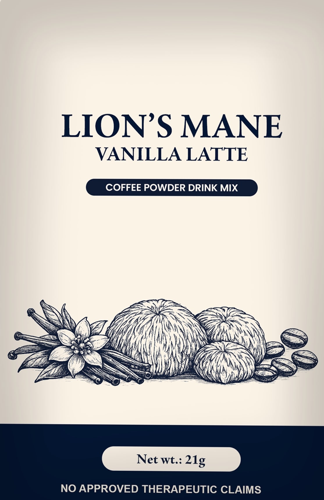 The front of the sachet: Lion’s Mane Vanilla Latte, Coffee Powder Drink Mix