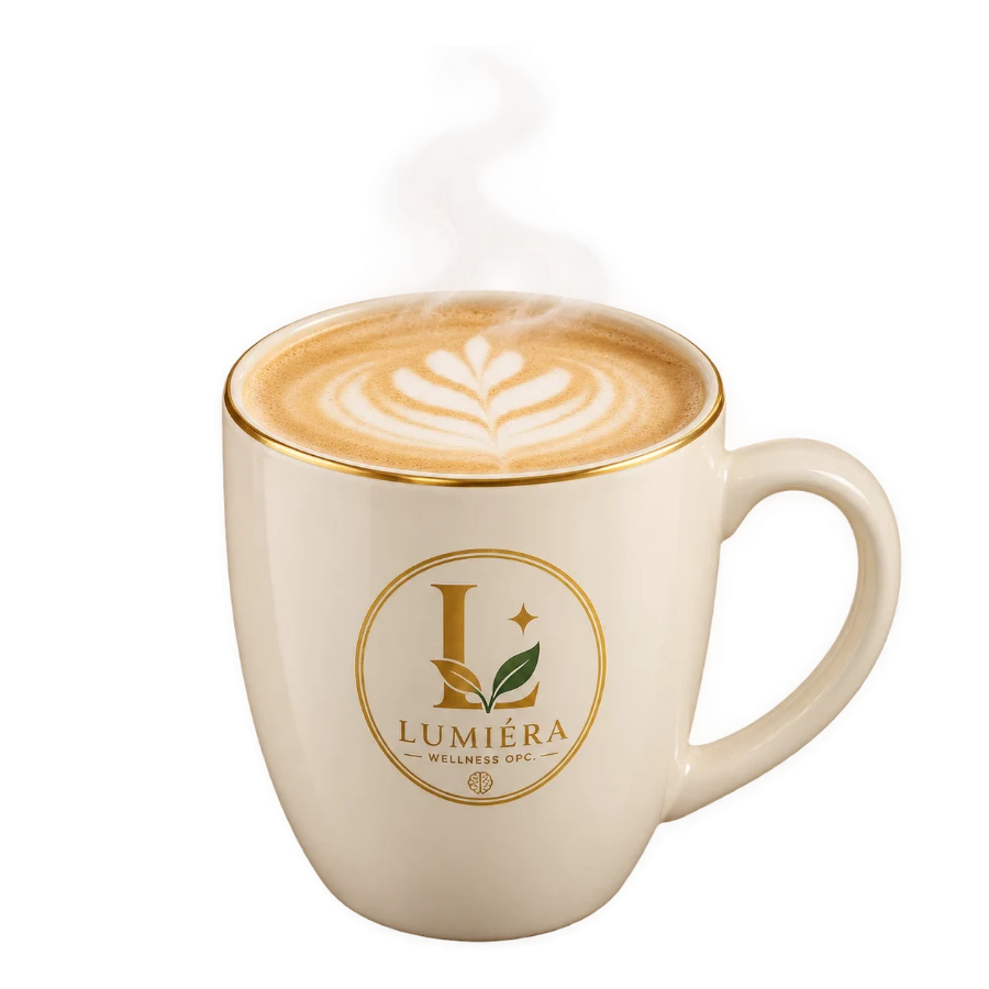 Lion’s Mane Vanilla Latte served hot in a Lumiéra mug