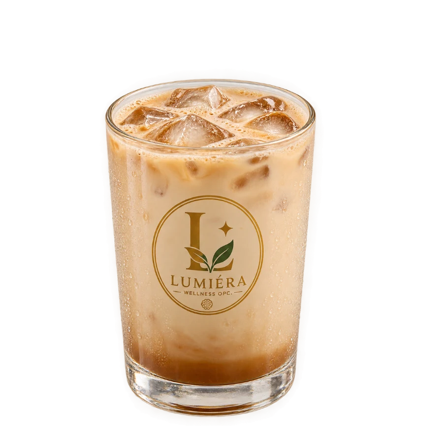 Lion’s Mane Vanilla Latte served over ice in a Lumiéra glass